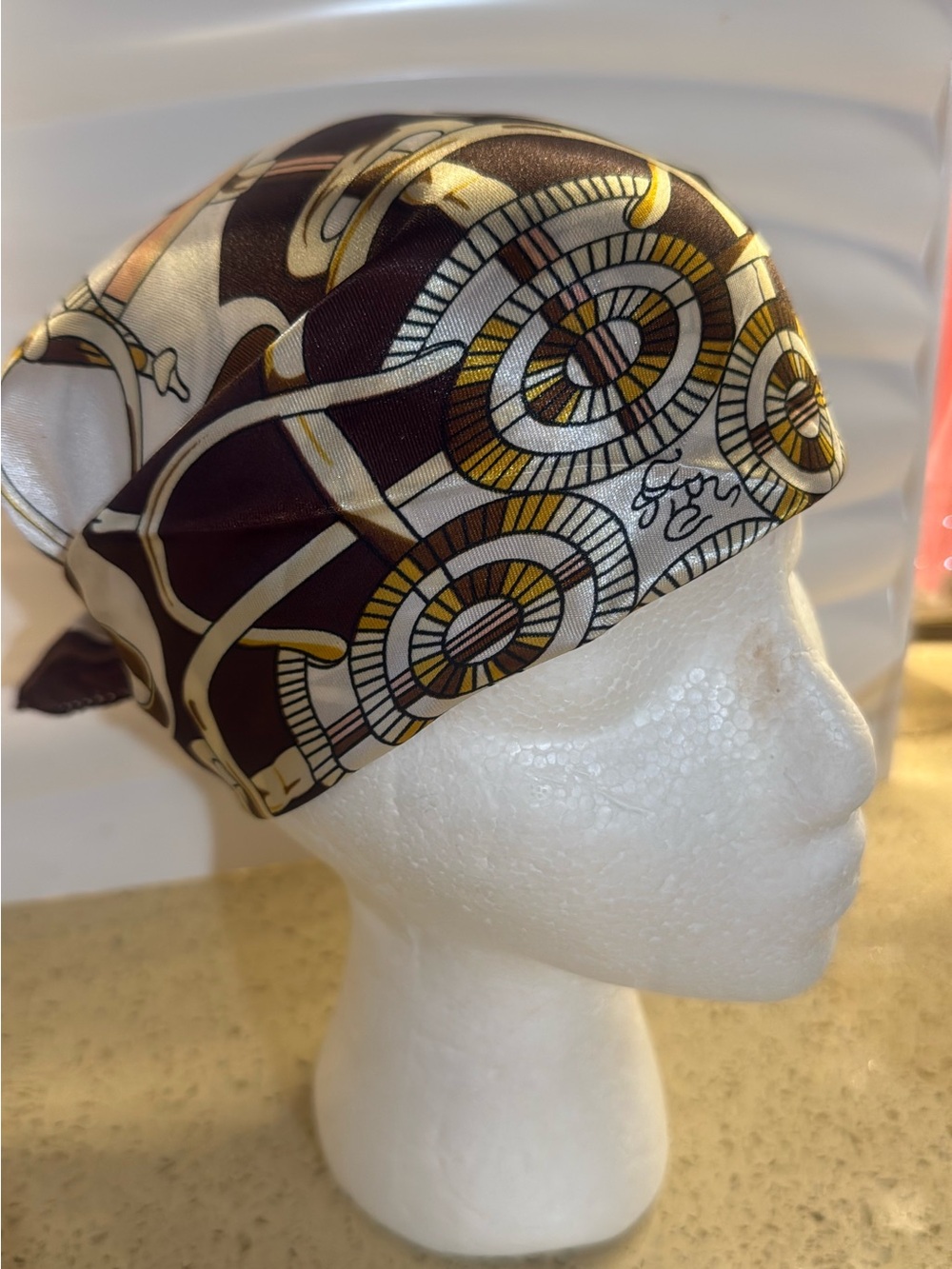 Silky  Scarf Head Wrap in Brown, Gold & Cream